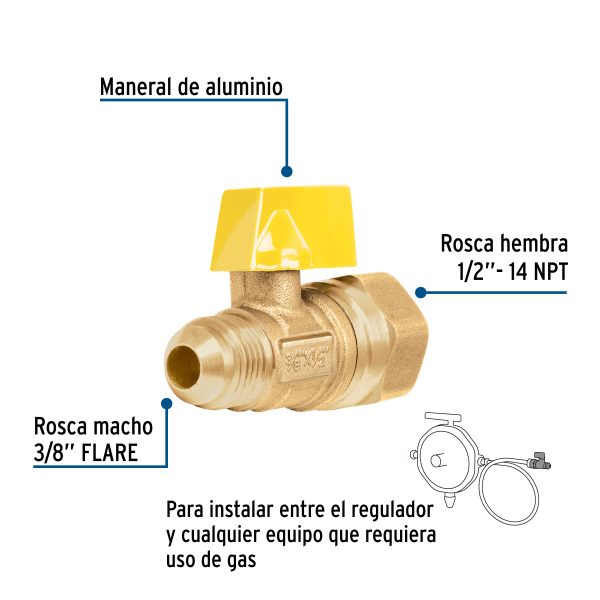 49115 - Válvula de control de latón para gas, 3/8' x 1/2', Foset
