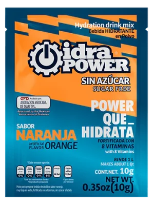 Bebida Hidratante en Polvo Sin Azúcar Rinde 1L, Sabor Naranja, IdraPower