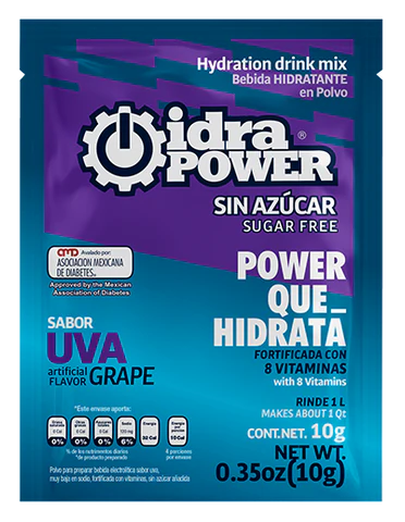Bebida Hidratante en Polvo Sin Azúcar Rinde 1L, Sabor Uva, IdraPower