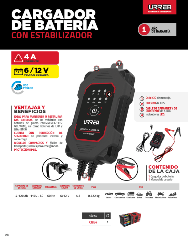 CBE4 - Cargador de bateria con estabilizador 6/12V 4A Urrea